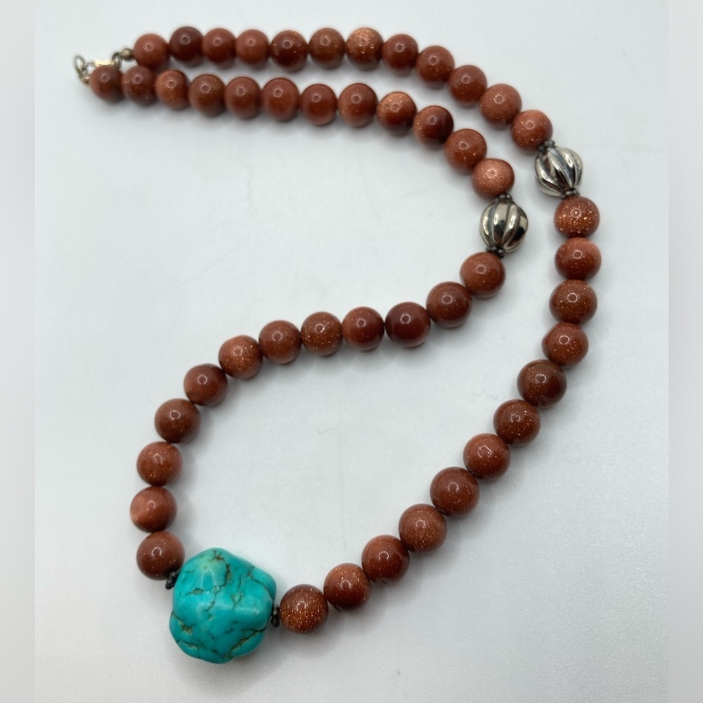 Vtg Sterling Turquoise Chunk & Round Goldstone Bead Necklace 16” - Picture 1 of 7